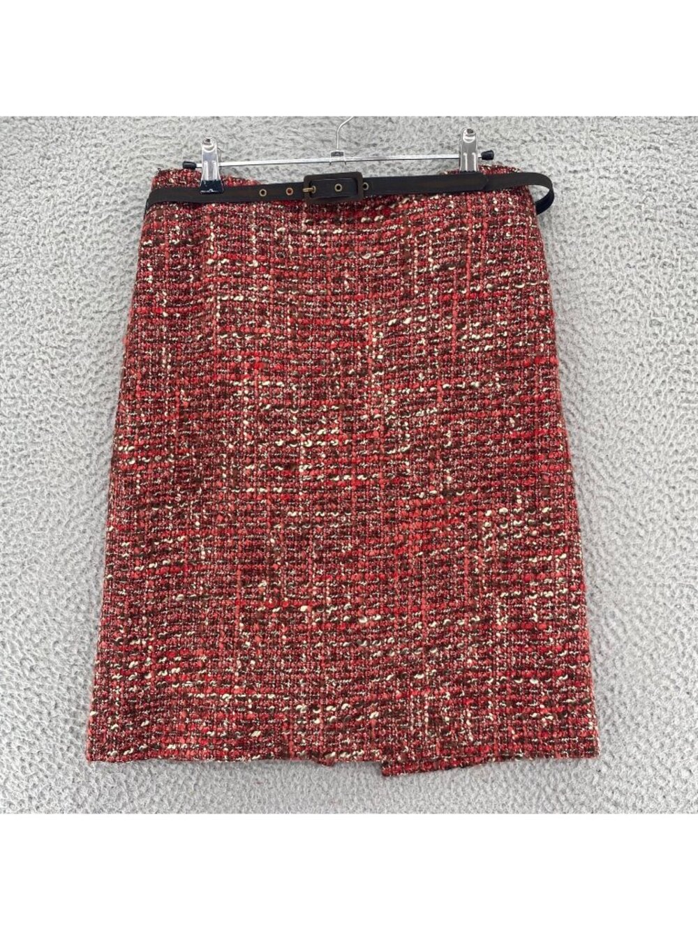 Talbots Skirt Womens 4 Petite Red Wool Blend Boucle Tweed Belted Straight Pencil